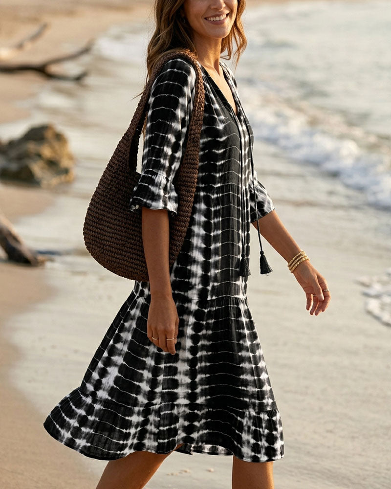 V-Neck Gradient Print Vacation Dress