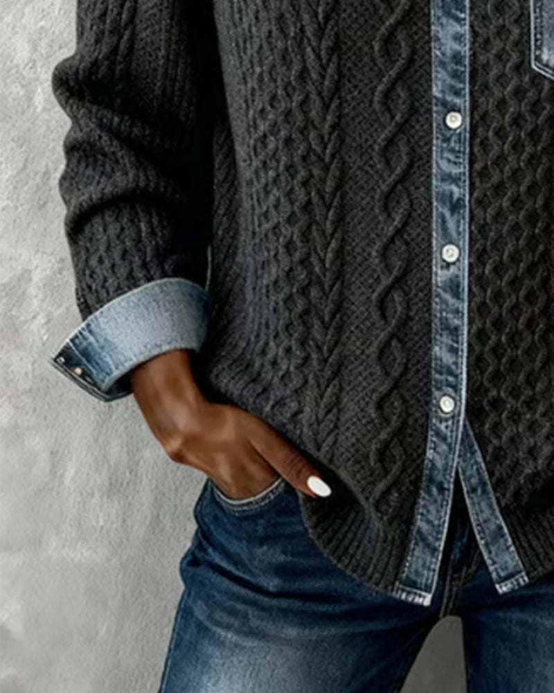 Long-Sleeved Denim Patchwork Shirt