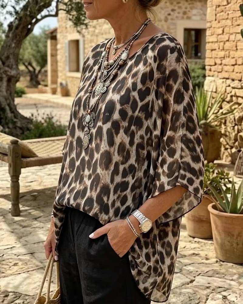 Leopard Batwing-Sleeve Loose Blouse