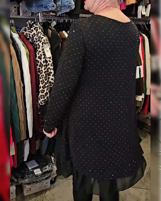 V-Neck Fine Glitter Mesh Patchwork Loose Dress