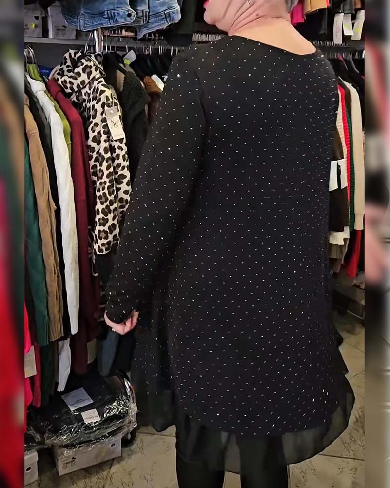 V-Neck Fine Glitter Mesh Patchwork Loose Dress