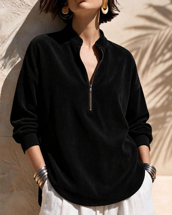 Zip Stand Collar Corduroy Blouse
