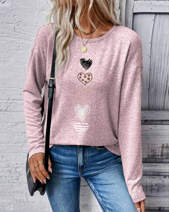 Long-Sleeved Round-Neck Love Heart Print Top
