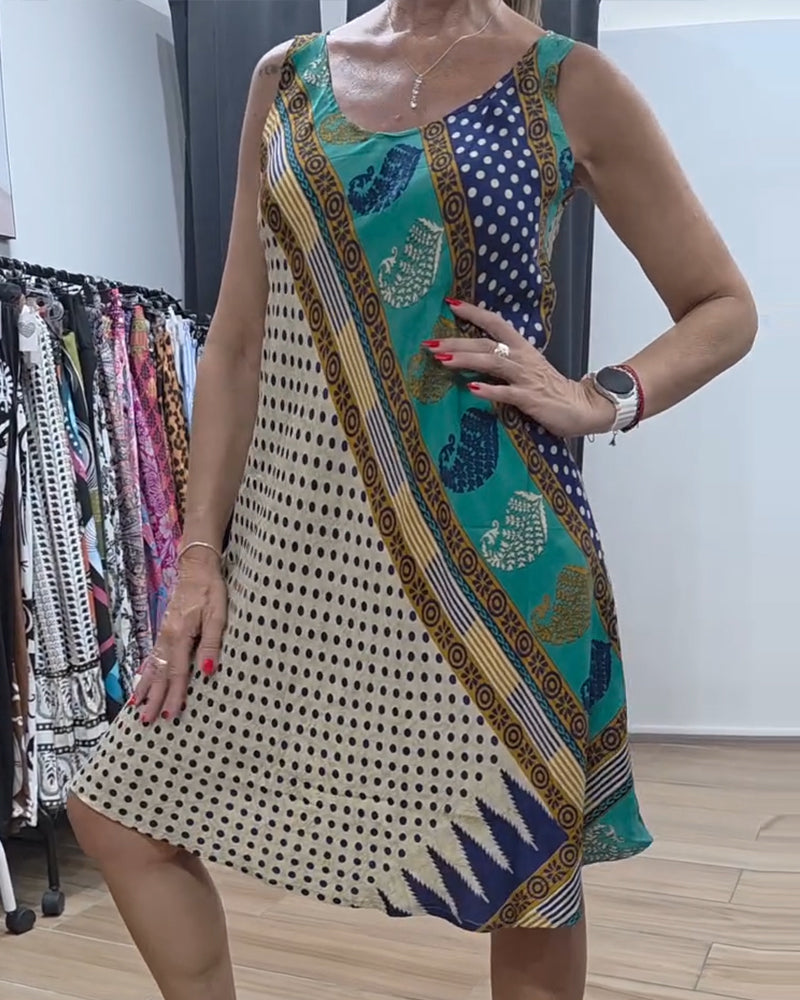 Polka Dot Print Round Neck Sleeveless Dress