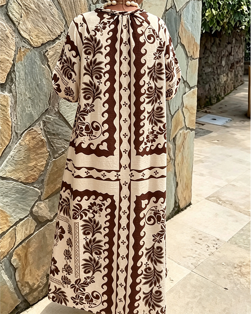 V-Neck Ethnic Style Loose Big Hem Dress