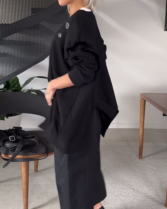 Solid color casual round neck slit sweatshirt