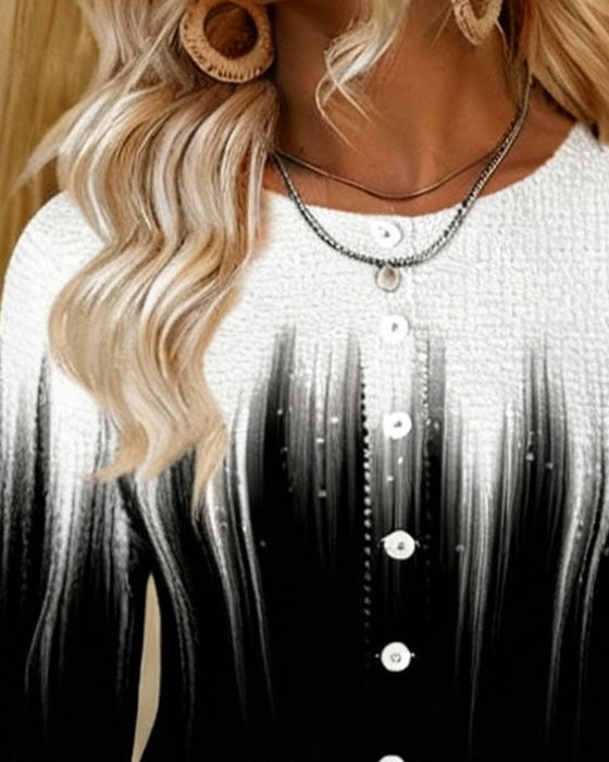 Gradient Button Round Neck Long-Sleeved Top