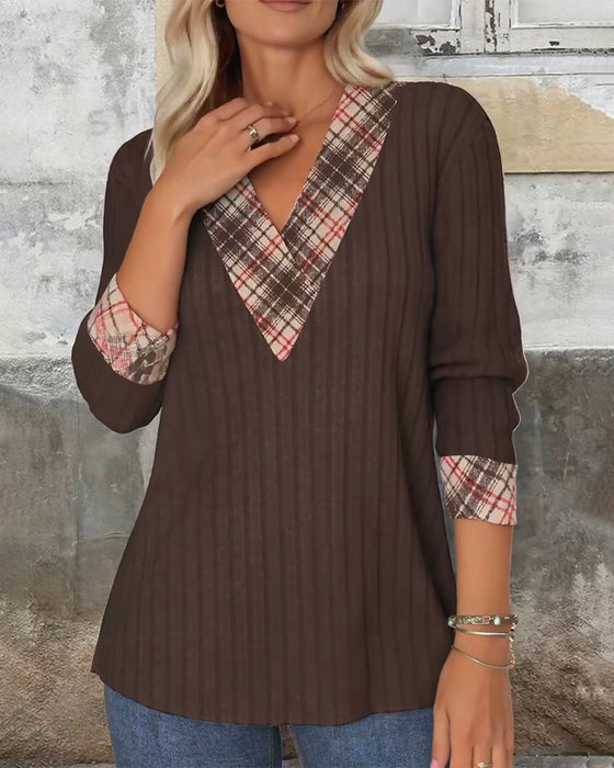 V-Neck Paneled Plaid Knitted Sweater