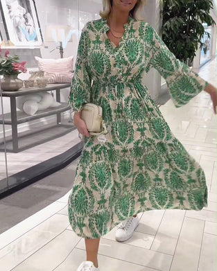 Printed bell sleeve drawstring dress