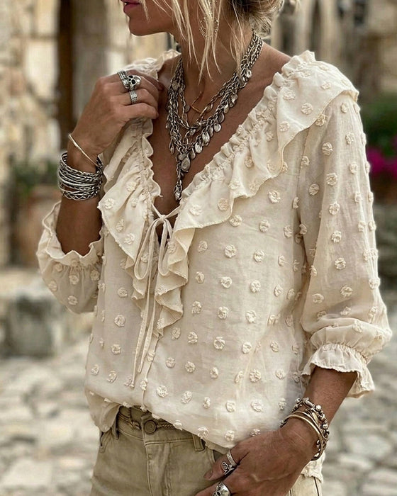 V-Neck Three-Dimensional Printed Puff Sleeves Blouse