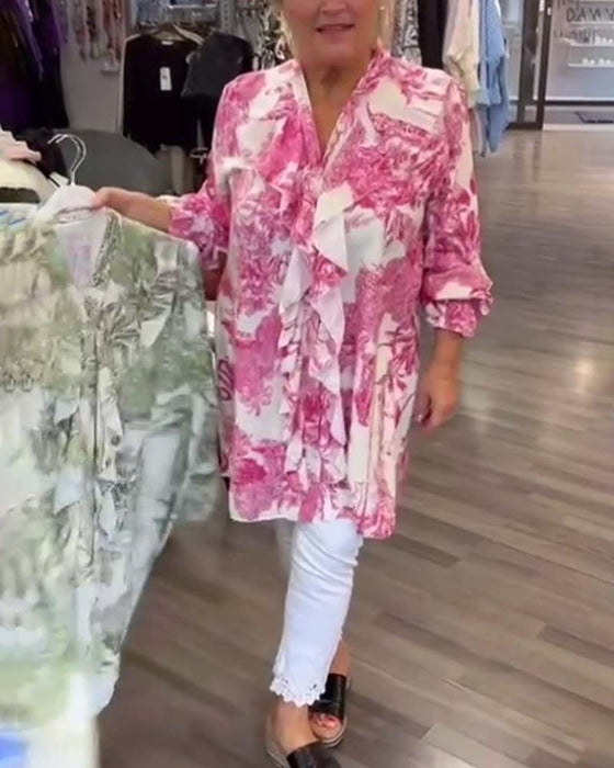 Gentle printed ruffle casual blouse