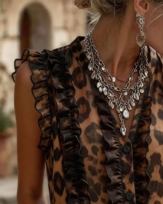 Sleeveless Leopard Print Frill Tank Top