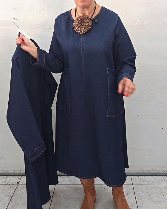 Crew Neck Pocket Straight Long Sleeve Denim Dress
