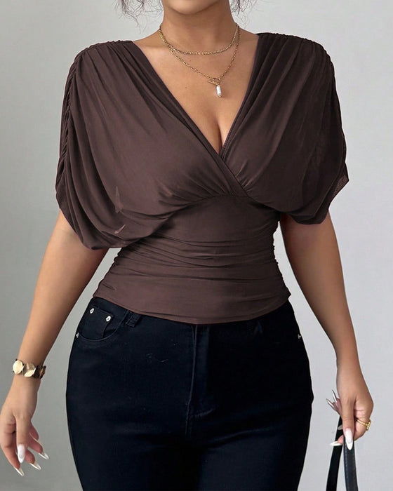Solid Color Deep V-Nee Waist Short Sleeve Blouse