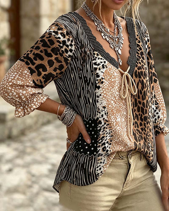 V-Neck Leopard Dot Bubble Sleeve Blouse