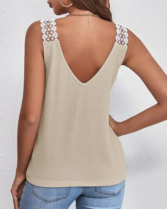 Solid Color Casual Lace Waffle Stitching Vest