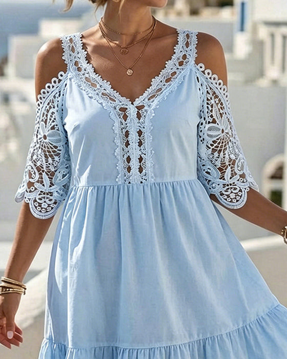 Lace Off-Shoulder Tiered Short Dresses