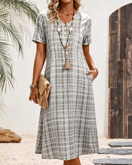 V-Neck Button Plaid Pocket Dress