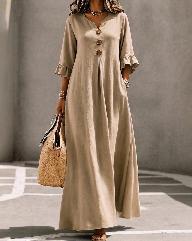 V-Neck Button Ruffle Full Skirt Dress