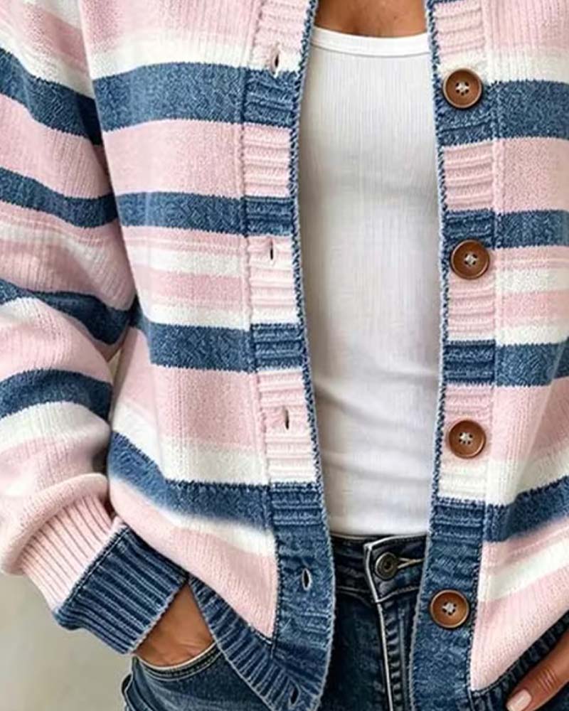Striped Crew Neck Single-Breasted Cardigan