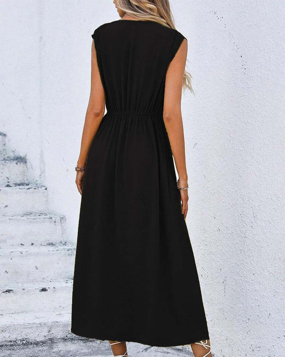 Solid Color Cinched Waist Tie Dress
