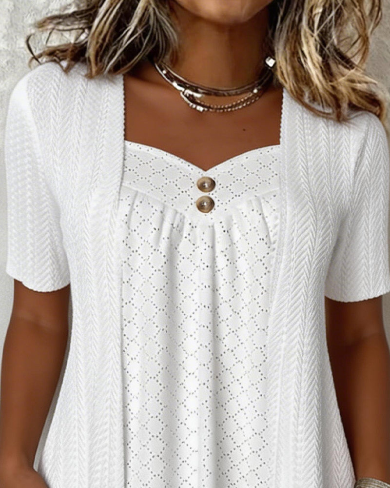 Faux Layered Square Neck Hollow Out Patchwork Blouse