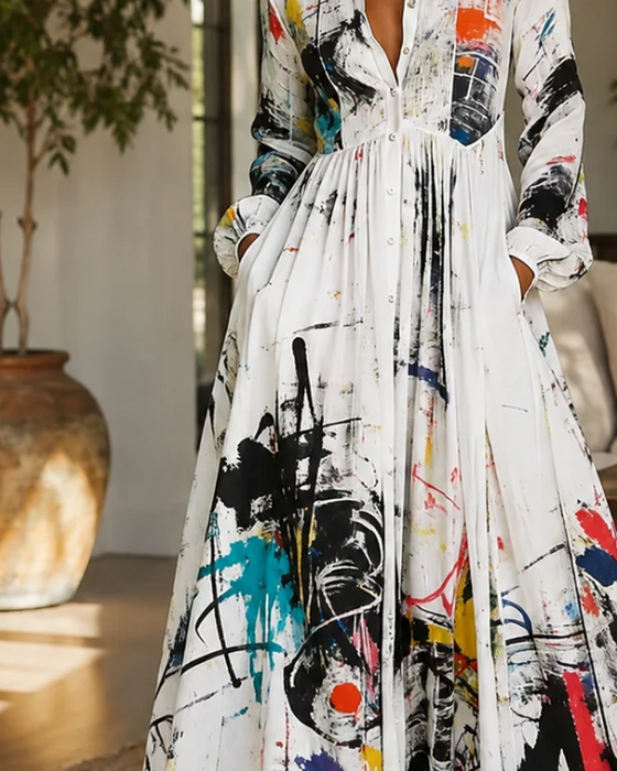 Art Splash Graffiti Lapel Shirt Dress