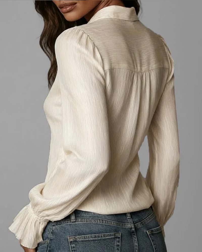 Elegant Deep V-Neck Blouse With Ruffled Sleeves