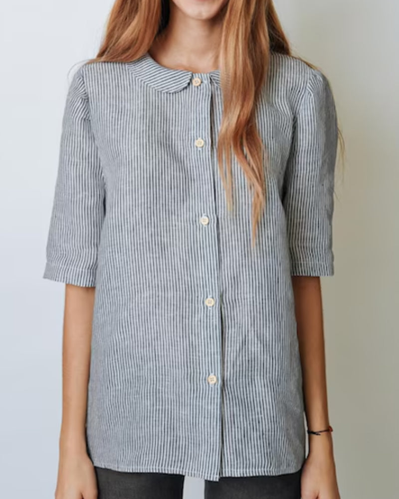 Peter Pan Collar Striped Three-Quarter Sleeve Shirt