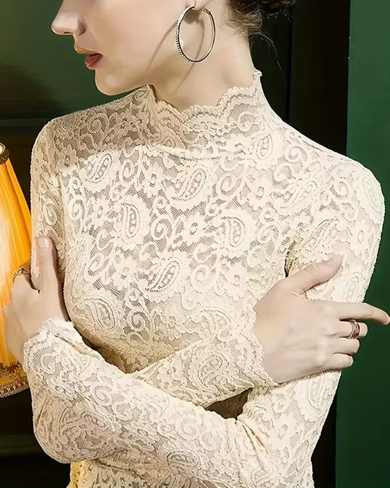 Elegant Solid Half Neckline Long Sleeve Lace Top