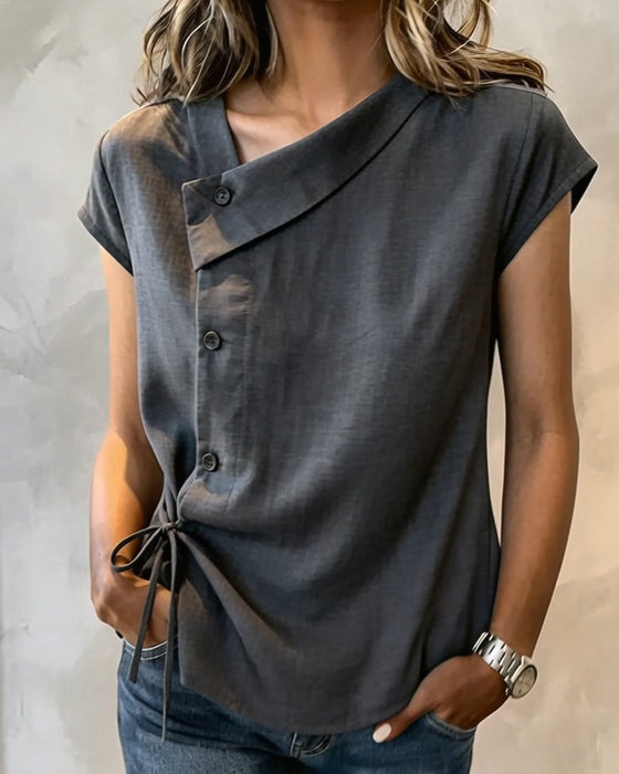 Slant Collar Solid Color Blouse