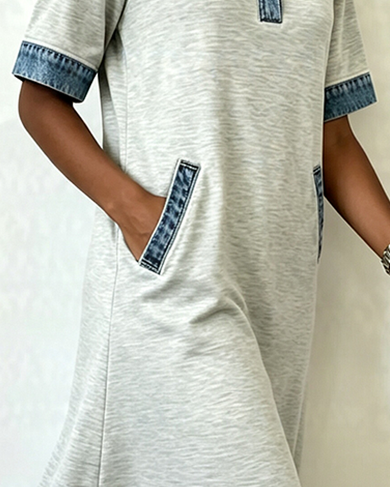 Shirt Collar Denim Patchwork Pocket Dress