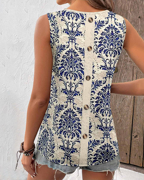 Retro printed square neck sleeveless top