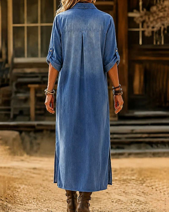 Shirt Collar Slit Casual Dress