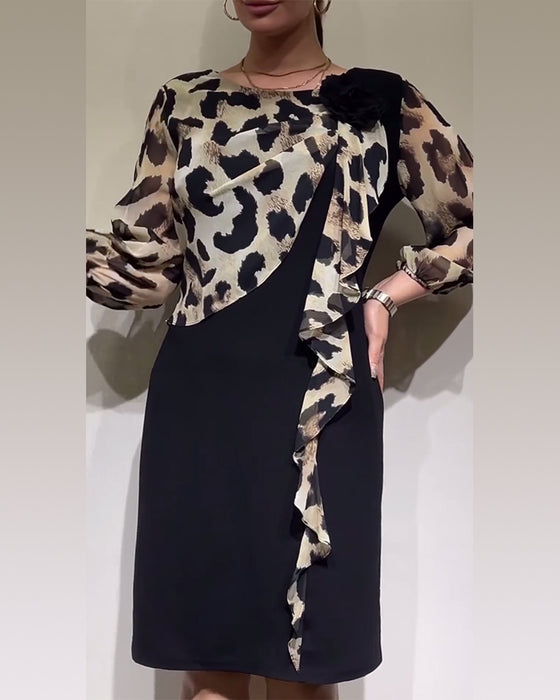 Leopard print splicing elegant dress