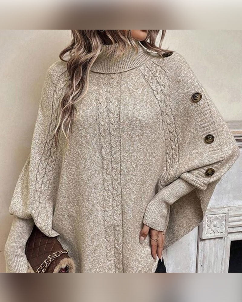 Turtleneck Irregular Cable Button Pullover