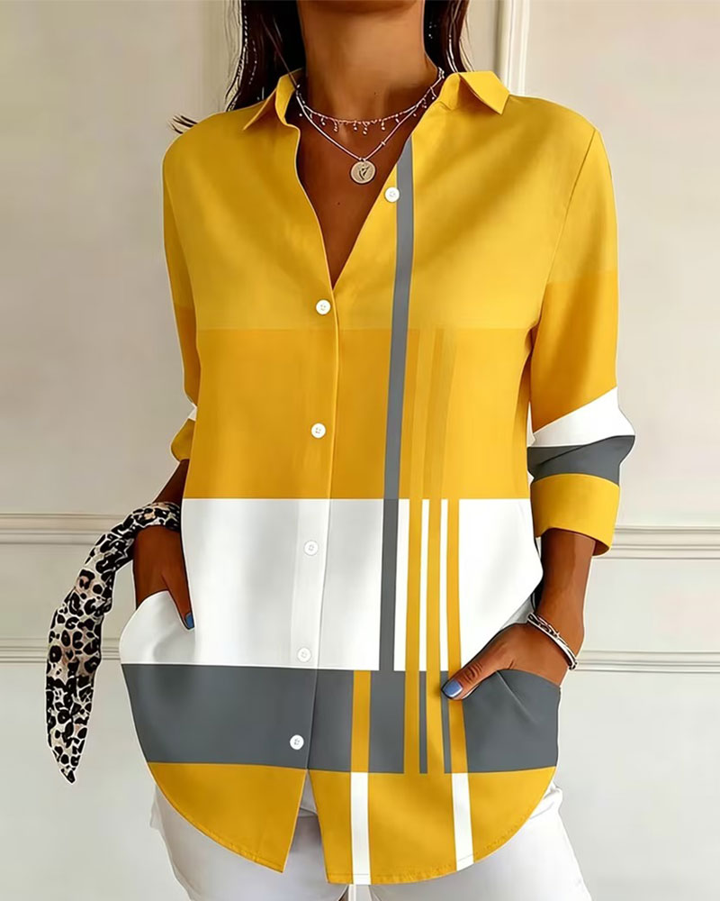 Geometric Color-Block Lapel Long-Sleeve Shirt