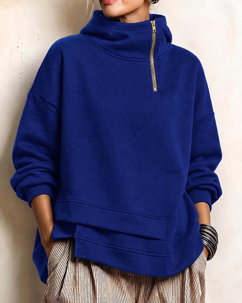 Turtleneck Zip Irregular Sweatshirt