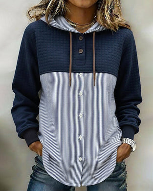 Buttoned Hooded Vertical Stripe Patchwork Shirt