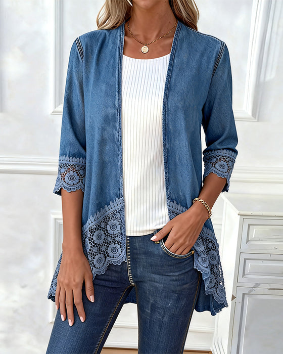 Lace Crochet Denim Patchwork Coat