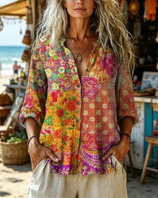 Vintage Floral Polka Dot Print Long Sleeve Shirt