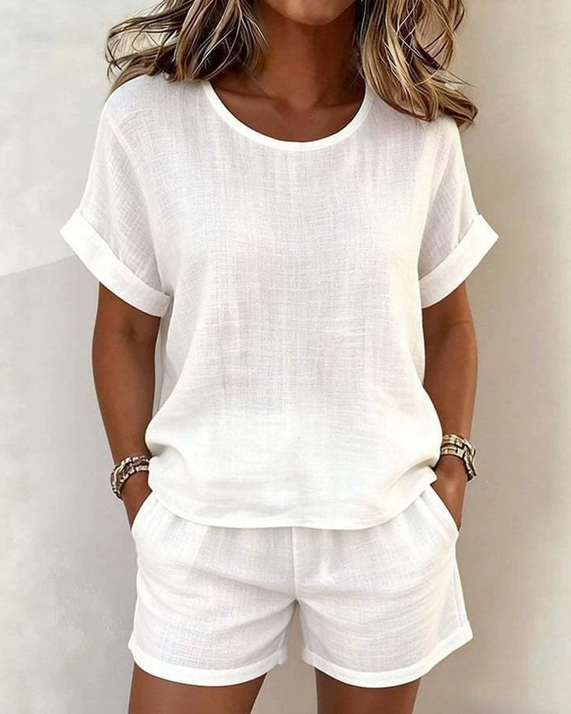 Solid Round Neck Short Sleeve Shorts Set