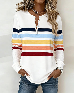 Button-Down V-Neck Rainbow Print Top