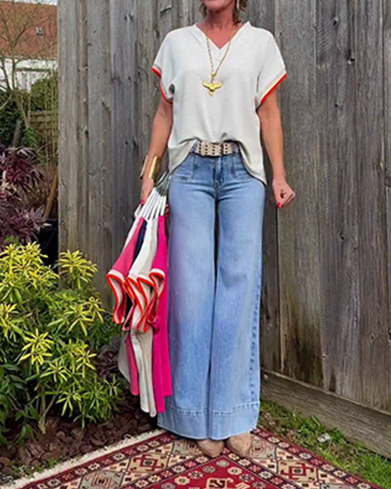 Loose V-Neck Color-Block T-Shirt