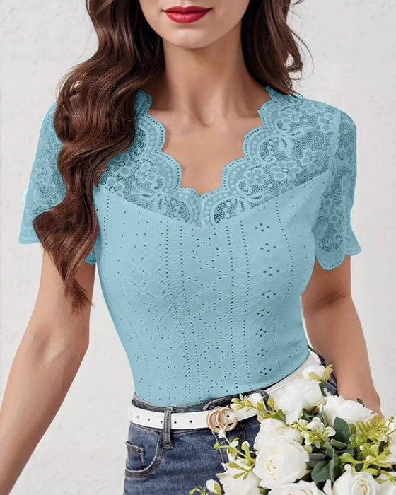 Plus Size Lace Patchwork Short Sleeve Blouse