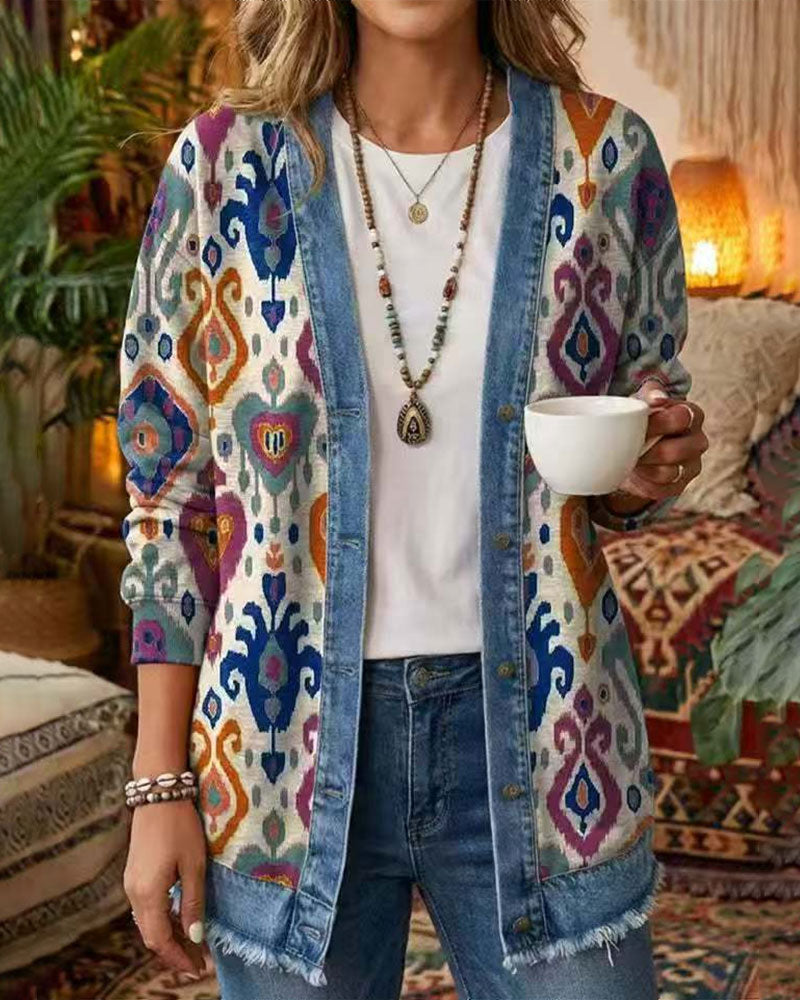 Bohemian Denim Patchwork Floral Coat