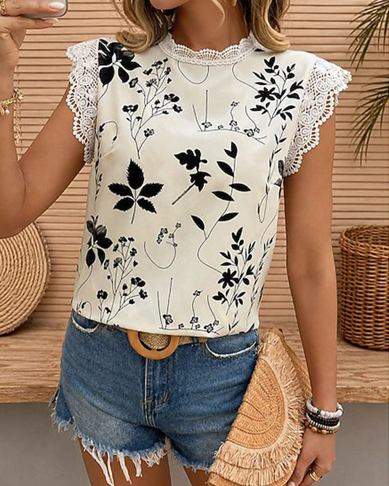 Lace Trim Crew Neck Sleeveless Blouse