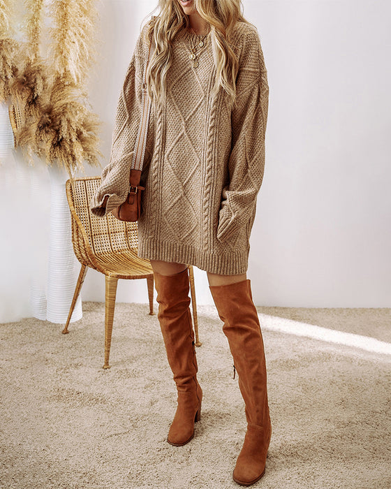 Casual Round Neck Solid Color Sweater Dress