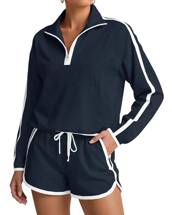 Zipper-Drawstring Color-Block Casual Set