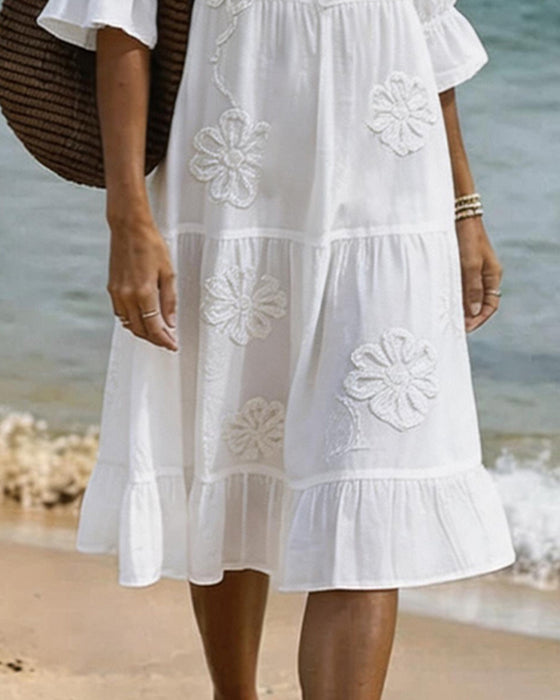 V-Neck Ruffle 3D Floral Drawstring Dress